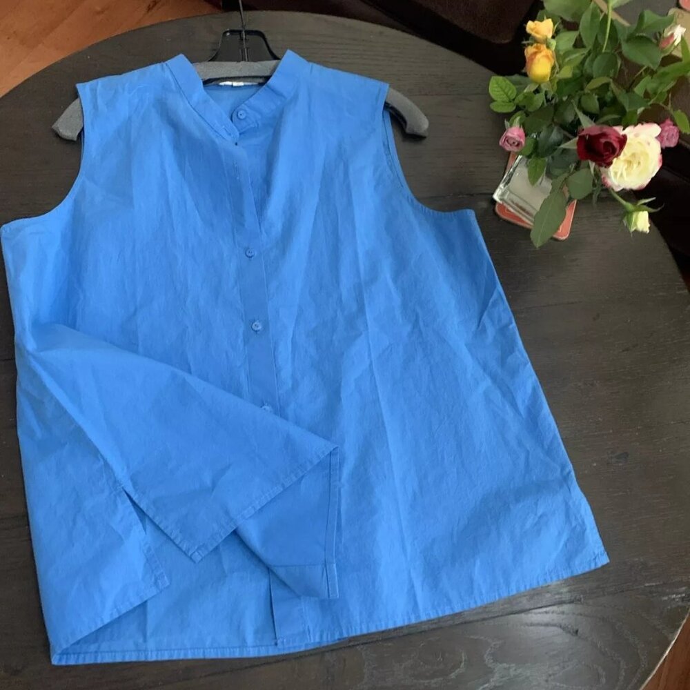 NWT Eileen Fisher Calypso Washed Organic Cotton Poplin Mandarin Collar Shirt